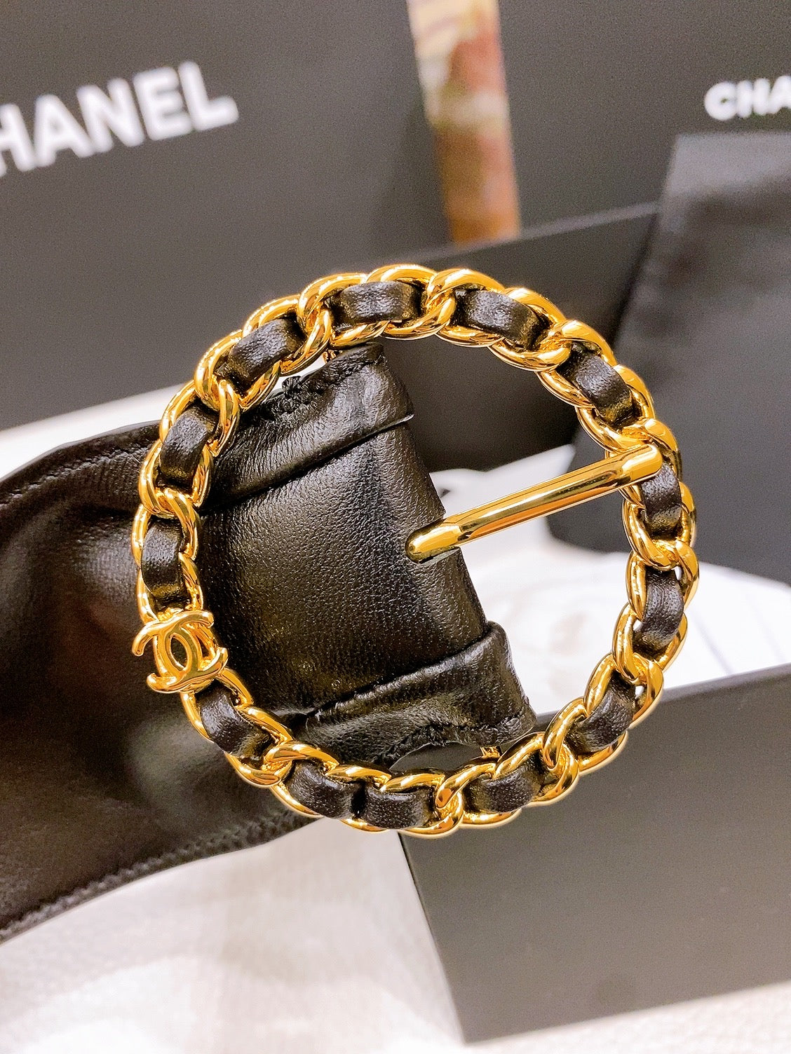 CC Gold Chain Buckle 40mm Black Lambskin 196575