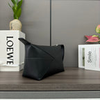 Loewe Puzzle Fold 22cm Handbag in Black Glossy Calfskin 274154