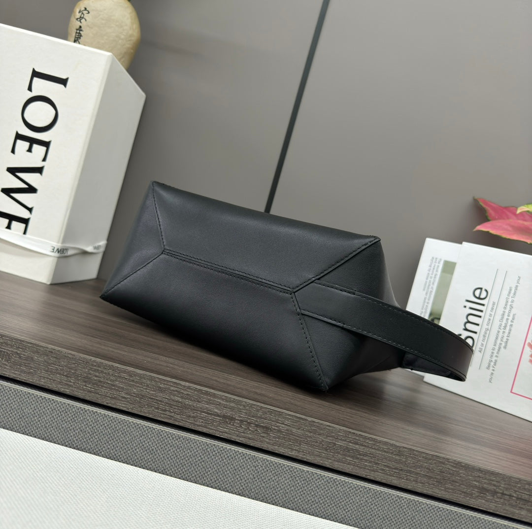 Loewe Puzzle Fold 22cm Handbag in Black Glossy Calfskin 274154