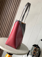 LOE 31 Medium Puzzle Fold Tote In Burgundy Mix Chocolate Glossy Cowhide 274321
