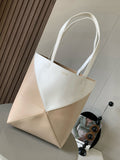 LOE 31 Medium Puzzle Fold Tote In Asphalt Beige/White Glossy Cowhide 274315
