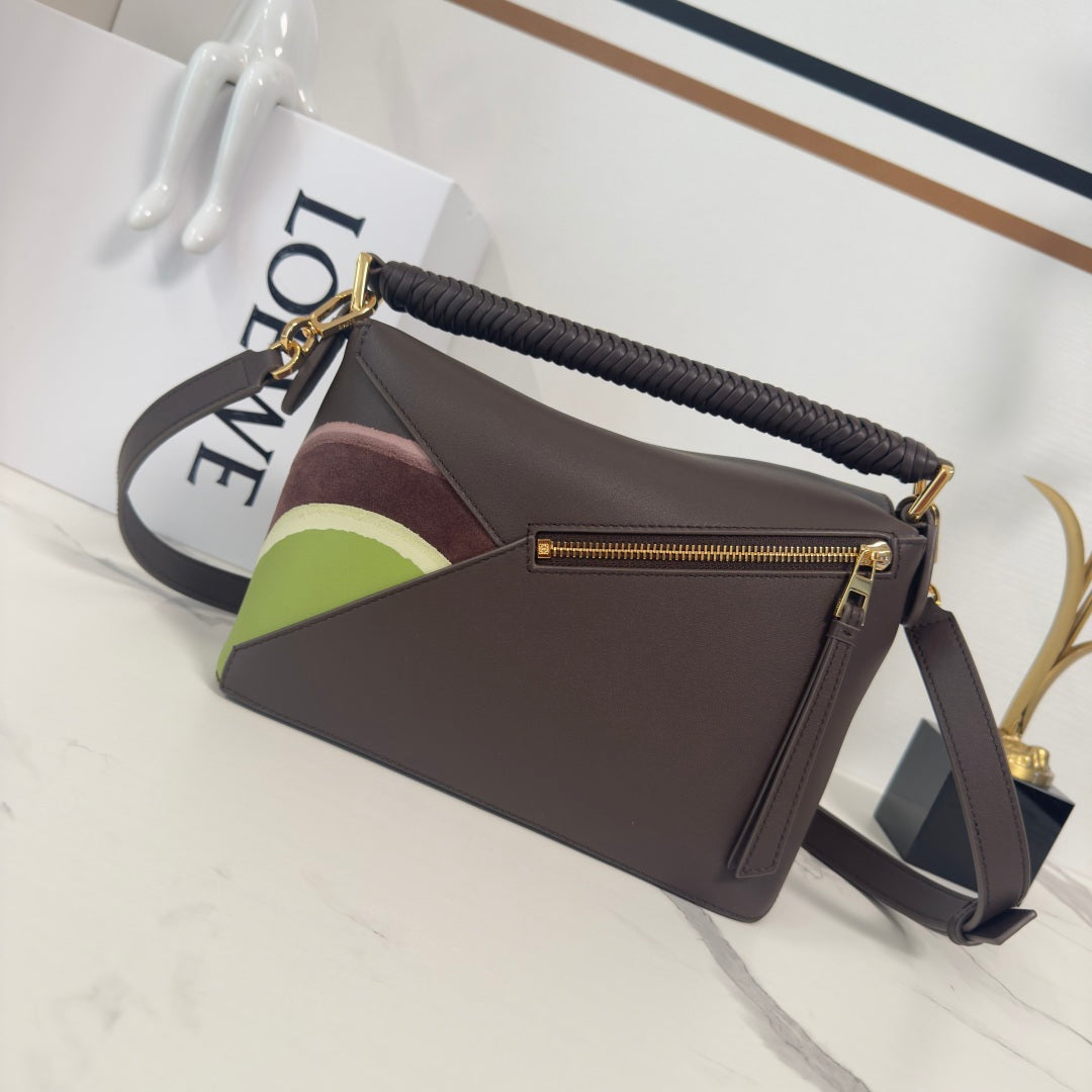 Loewe Puzzle Handbag 24 in Chocolate & Light Moss Suede 274174
