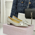 Jimmy Choo 26WF Pointed Toe Rhinestone Bow Chunky Heel Silver Sheepskin 573543