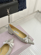 Jimmy Choo 26WF Pointed Toe Rhinestone Bow Chunky Heel Silver Sheepskin 573543