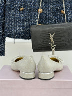 Jimmy Choo 26WF Pointed Toe Rhinestone Bow Chunky Heel Silver Sheepskin 573543
