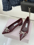 Jimmy Choo 26WF Pointed Toe Rhinestone Bow Chunky Heel Burgundy Sheepskin 573541