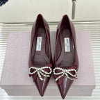 Jimmy Choo 26WF Pointed Toe Rhinestone Bow Chunky Heel Burgundy Sheepskin 573541