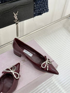 Jimmy Choo 26WF Pointed Toe Rhinestone Bow Chunky Heel Burgundy Sheepskin 573541