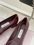 Jimmy Choo 26WF Pointed Toe Rhinestone Bow Chunky Heel Burgundy Sheepskin 573541