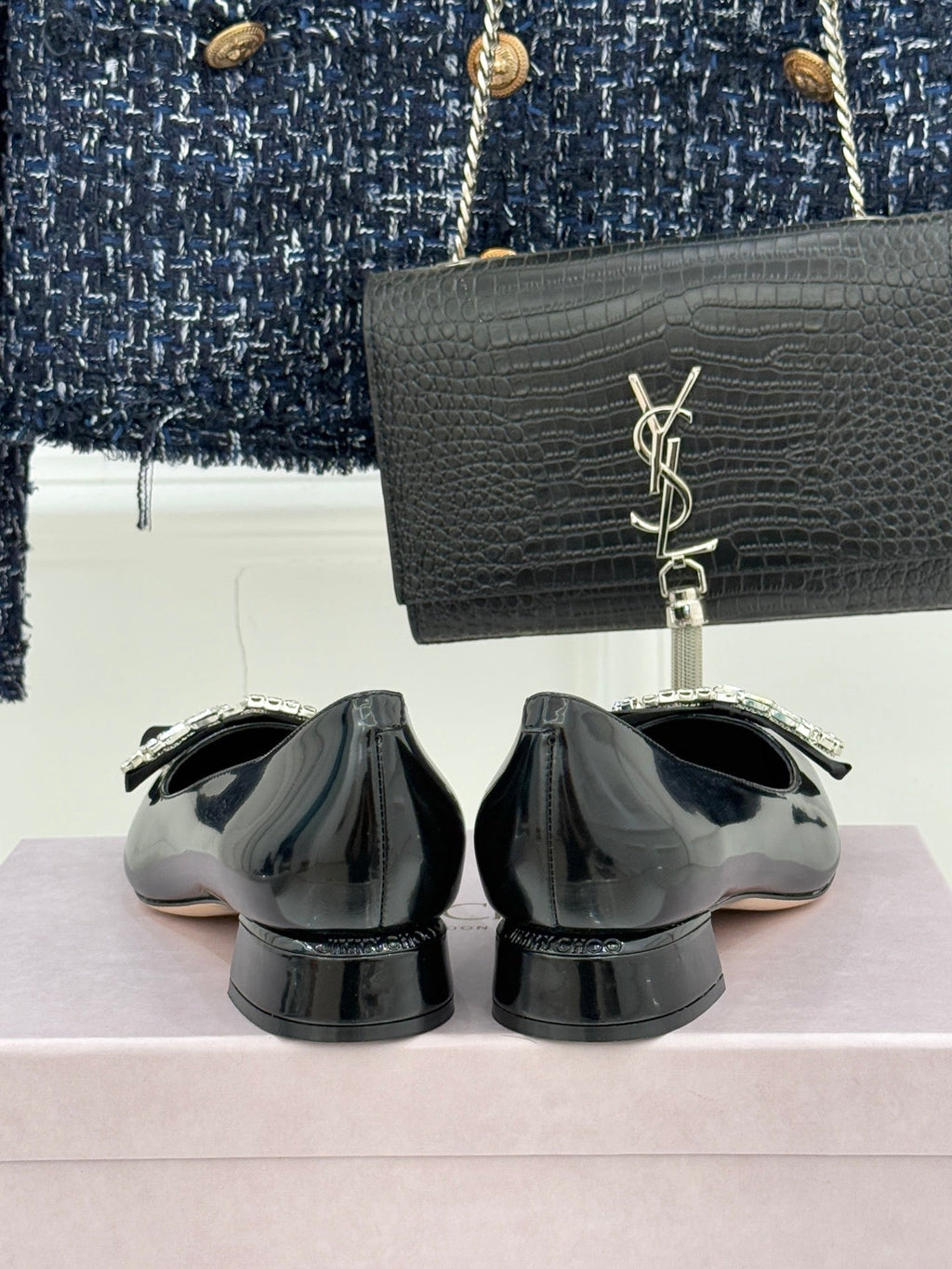 Jimmy Choo 26WF Pointed Toe Rhinestone Bow Chunky Heel Black in  Sheepskin 573540