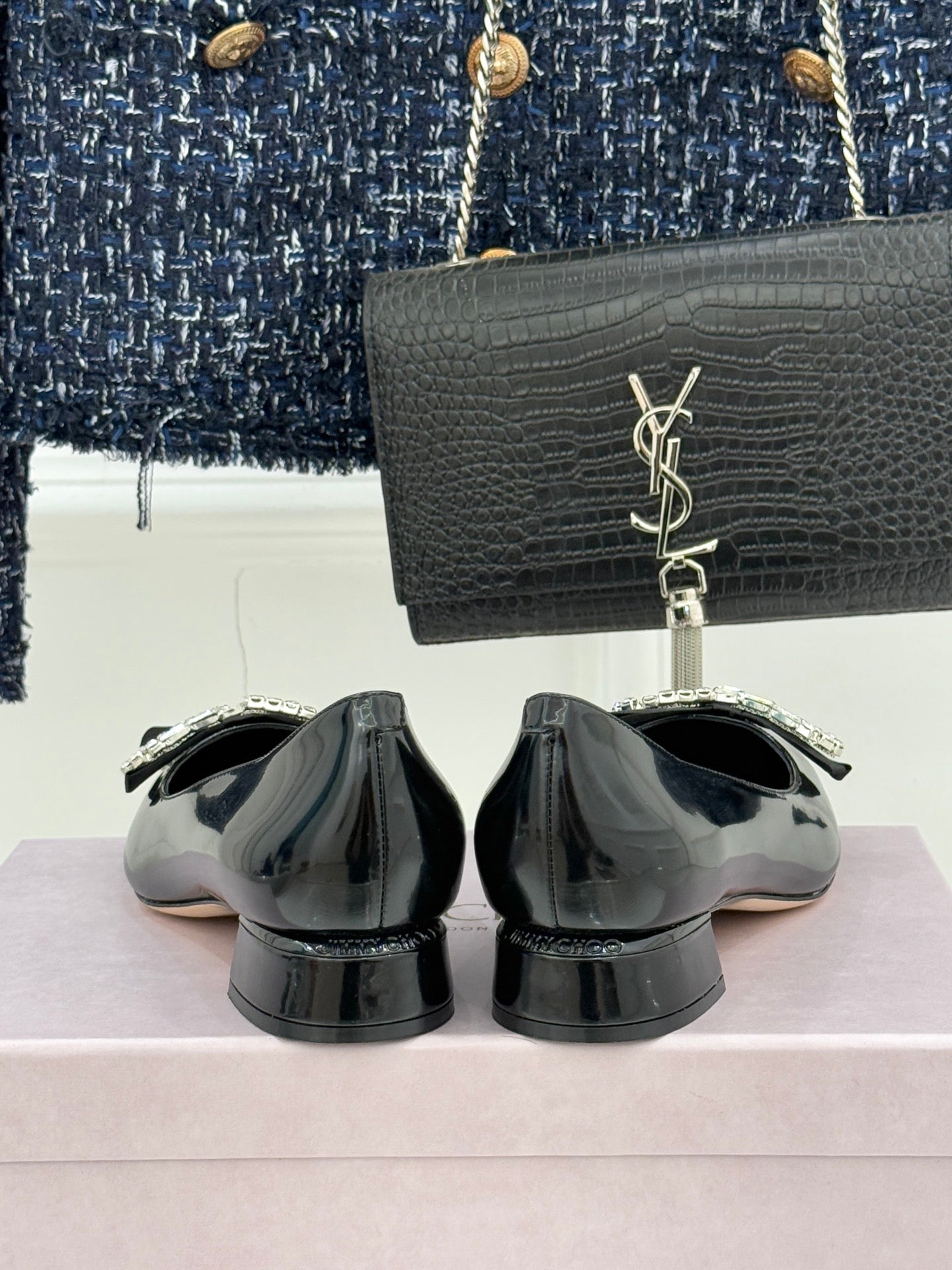 Jimmy Choo 26WF Pointed Toe Rhinestone Bow Chunky Heel Black in  Sheepskin 573540