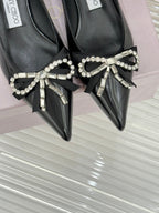 Jimmy Choo 26WF Pointed Toe Rhinestone Bow Chunky Heel Black in  Sheepskin 573540