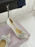 JC25WF Rhinestone Bow Pionted Toe High Heels 85 White Sheepskin 573539