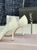 JC25WF Rhinestone Bow Pionted Toe High Heels 85 White Sheepskin 573539