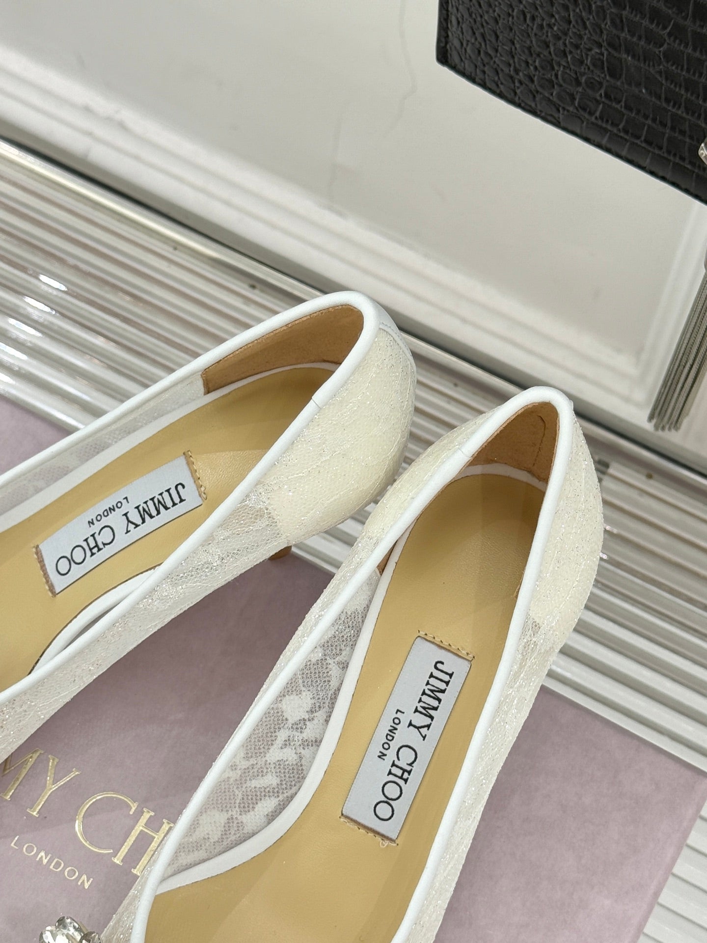 JC25WF Rhinestone Bow Pionted Toe High Heels 65 White Sheepskin 573537
