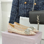 JC25WF Rhinestone Bow Pionted Toe Ballet Flat Nude Sheepskin 573535