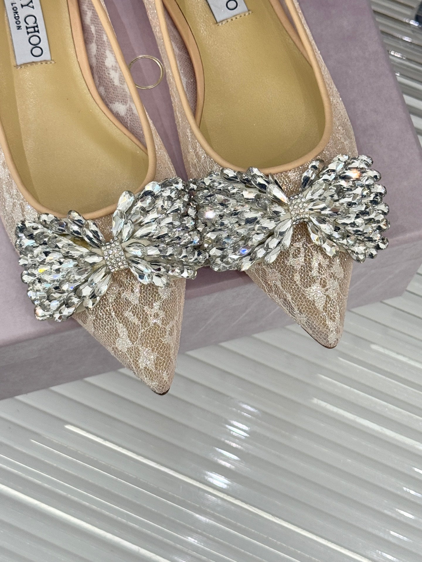 JC25WF Rhinestone Bow Pionted Toe Ballet Flat Nude Sheepskin 573535