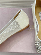 JC25WF Rhinestone Bow Pionted Toe Ballet Flat White Sheepskin 573534