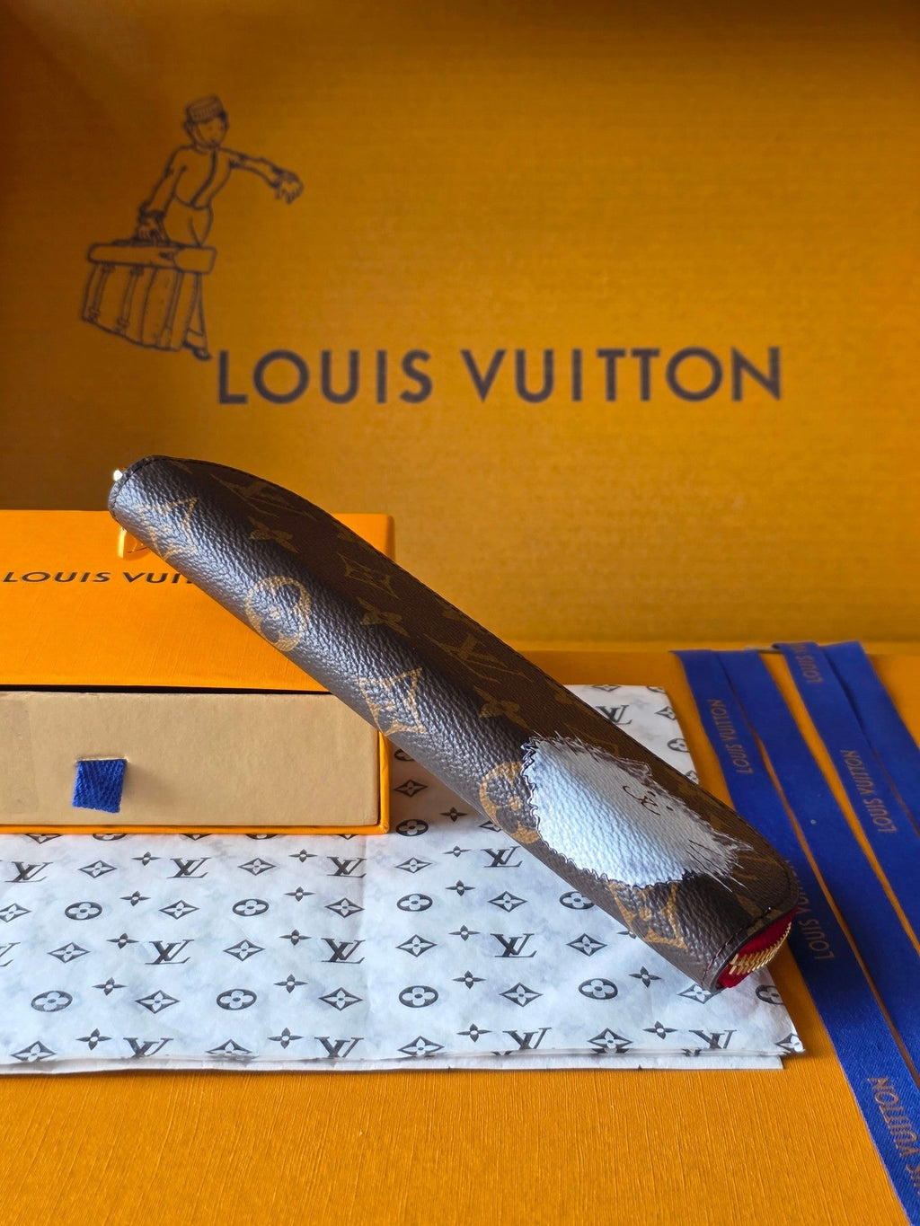 LV Christmas Edition Cat Pencil Case Brown Canvas 274994