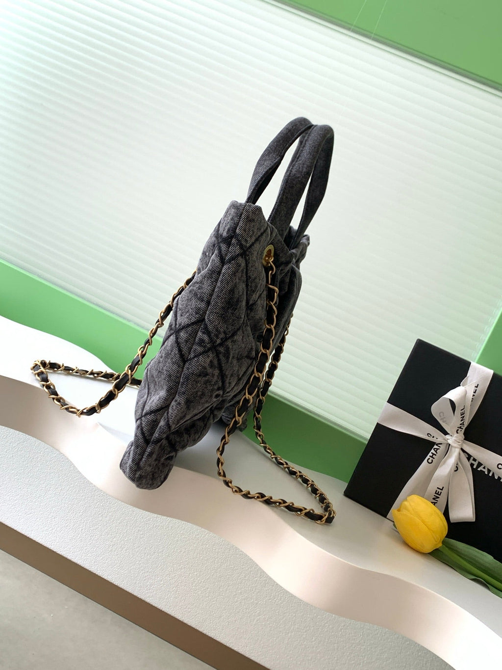 Chanel 25K Bow Bag 38cm Dark Gray Gold Denim Leather 275871