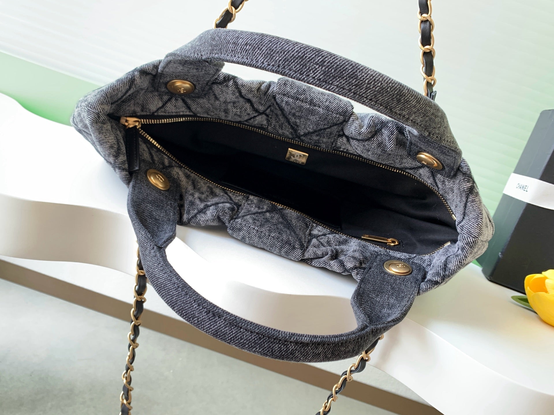 Chanel 25K Bow Bag 38cm Dark Gray Gold Denim Leather 275871