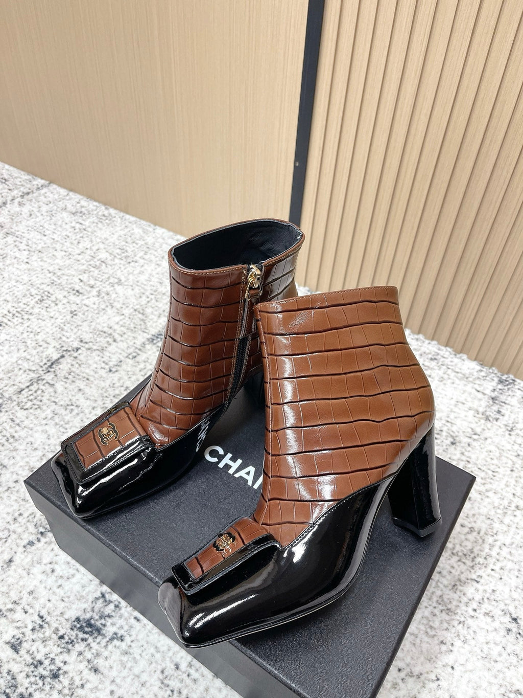 Chanel Croc-Embossed Square-Toe Dark Brown Ankle Boots in Cowhide 591401