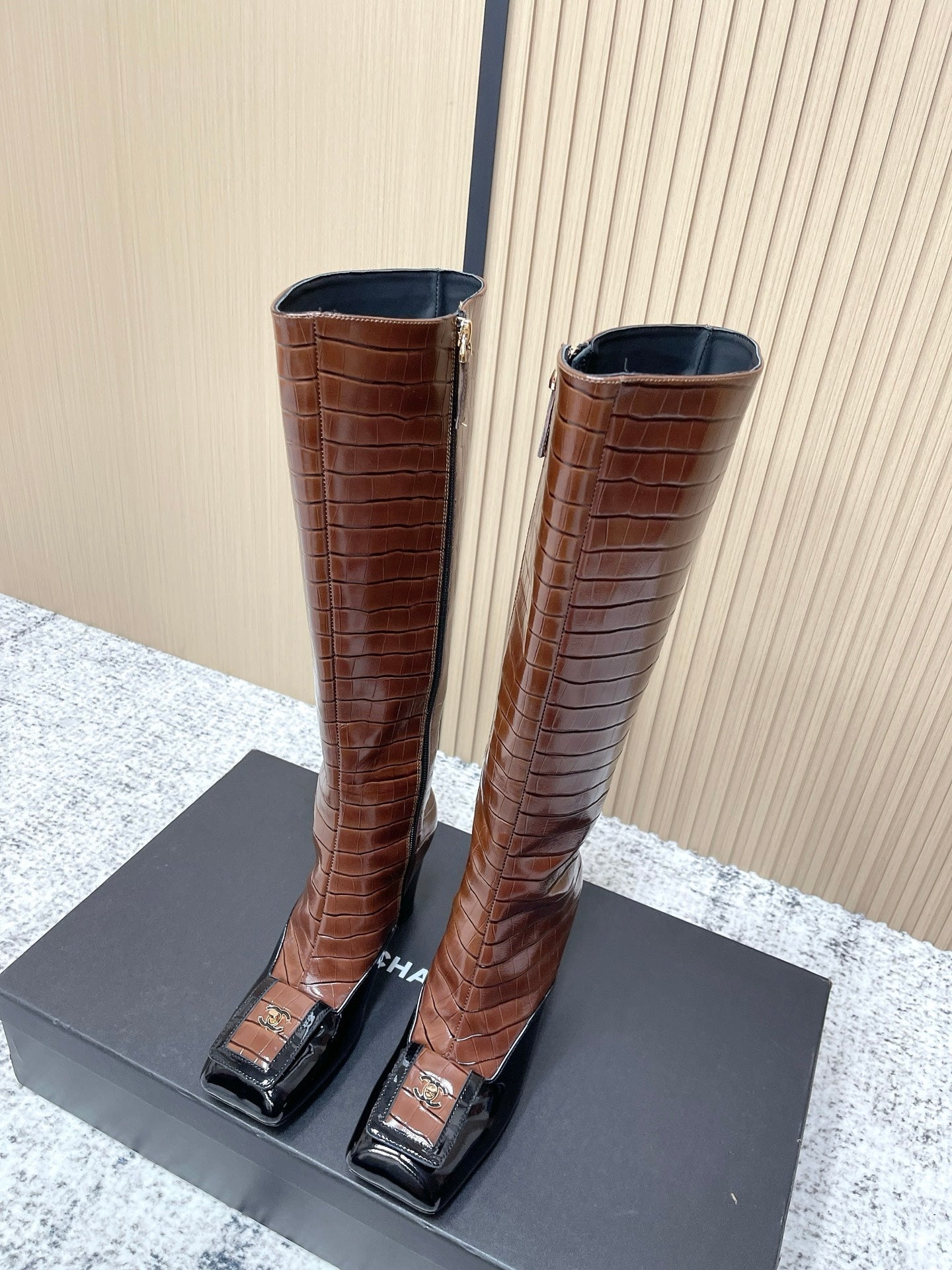 Chanel Croc-Embossed Square-Toe Dark Brown High Boots in Cowhide 591399