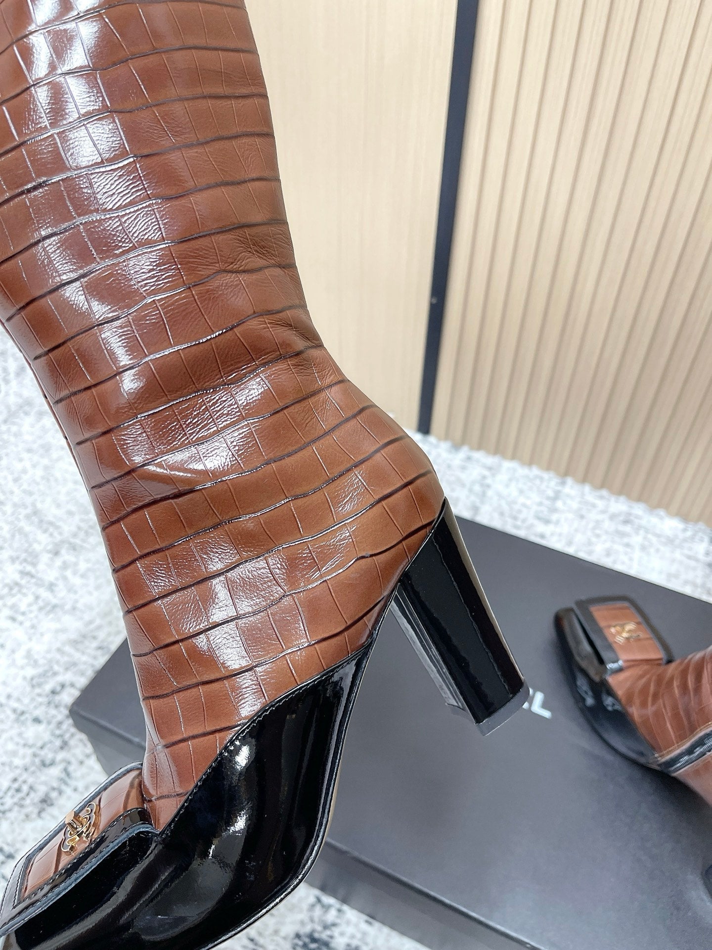 Chanel Croc-Embossed Square-Toe Dark Brown High Boots in Cowhide 591399
