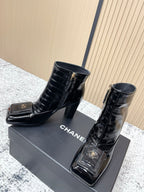Chanel Croc-Embossed Square-Toe Black Ankle Boots in Cowhide 591400