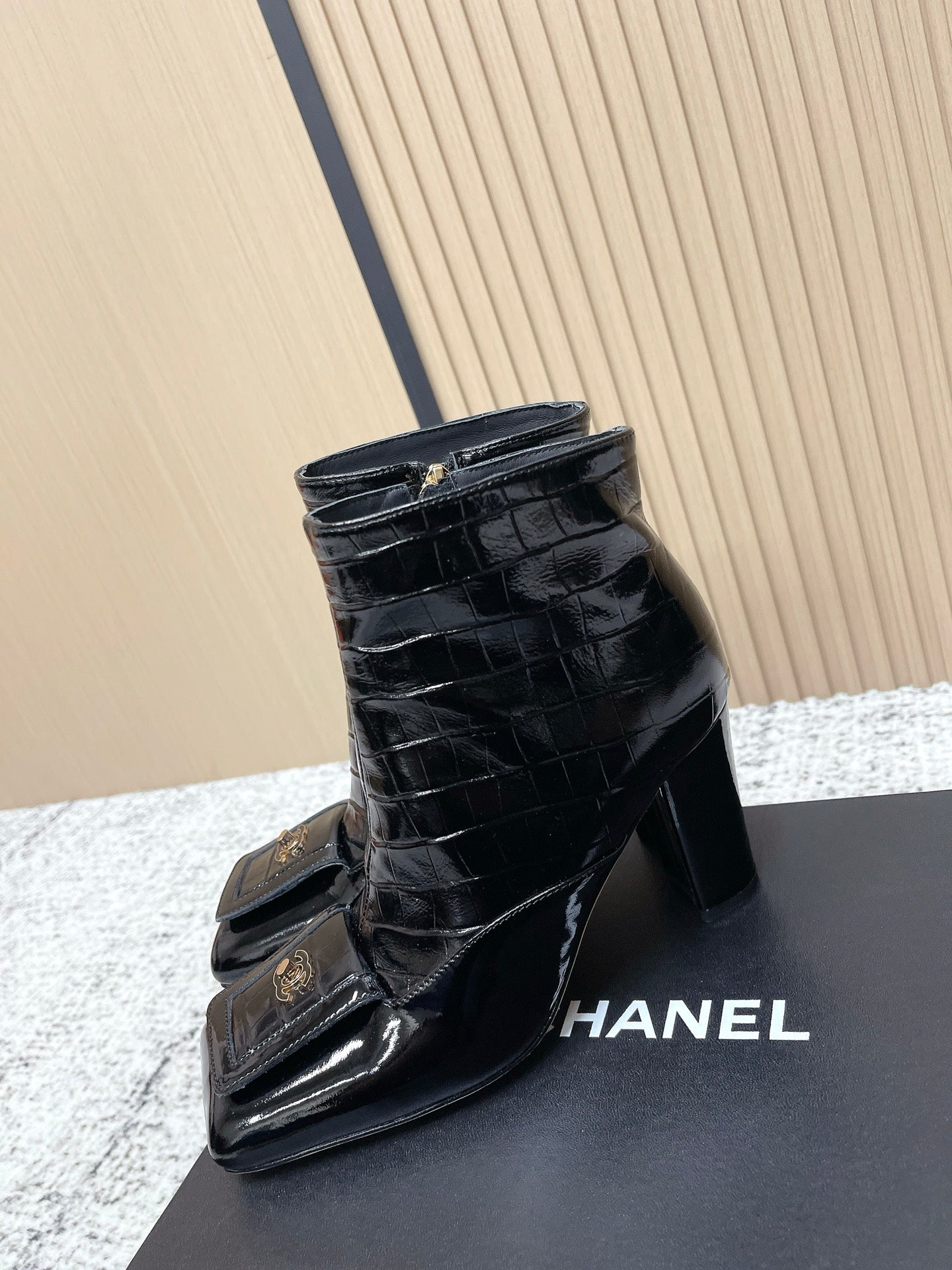 Chanel Croc-Embossed Square-Toe Black Ankle Boots in Cowhide 591400