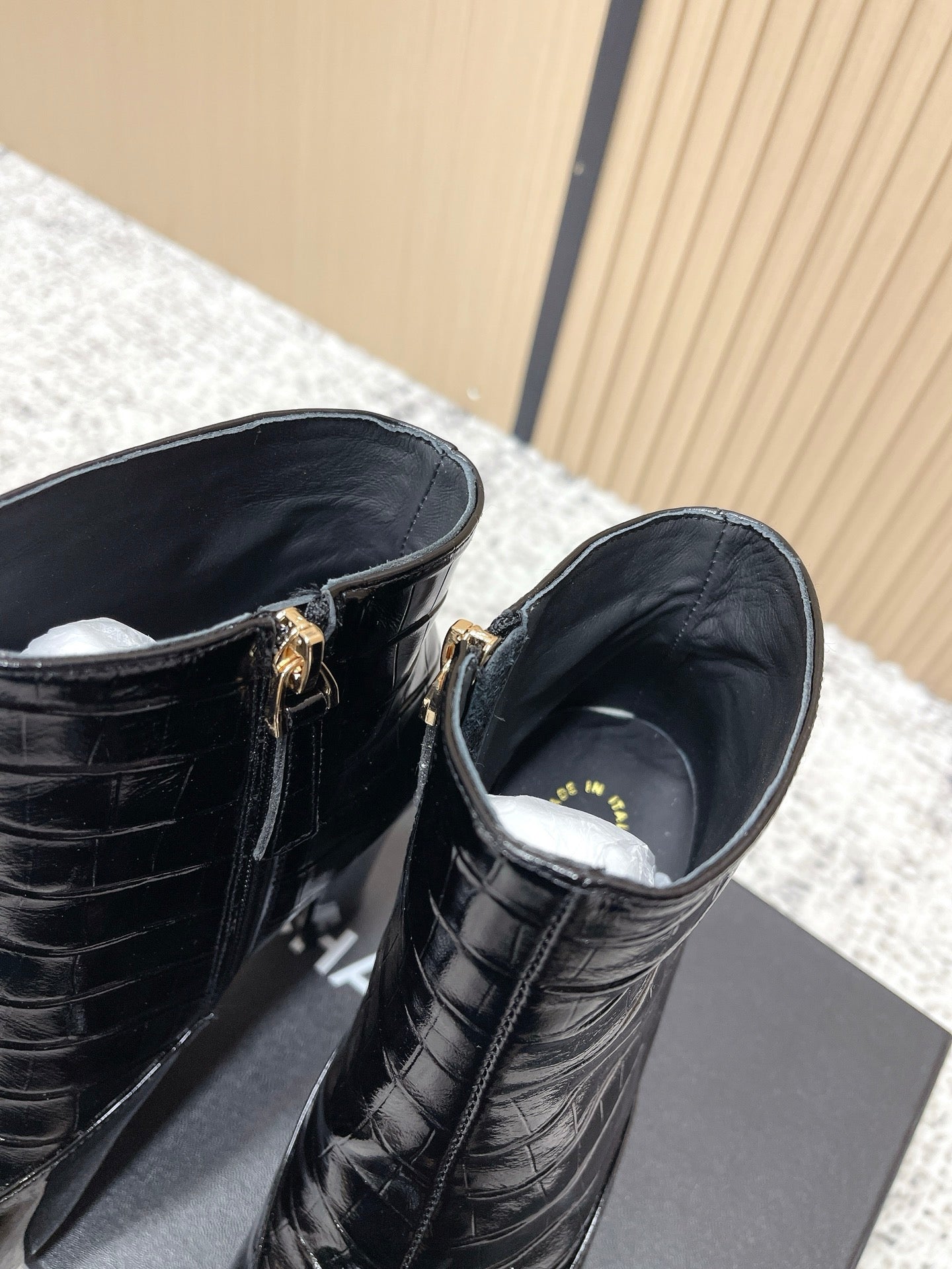 Chanel Croc-Embossed Square-Toe Black Ankle Boots in Cowhide 591400