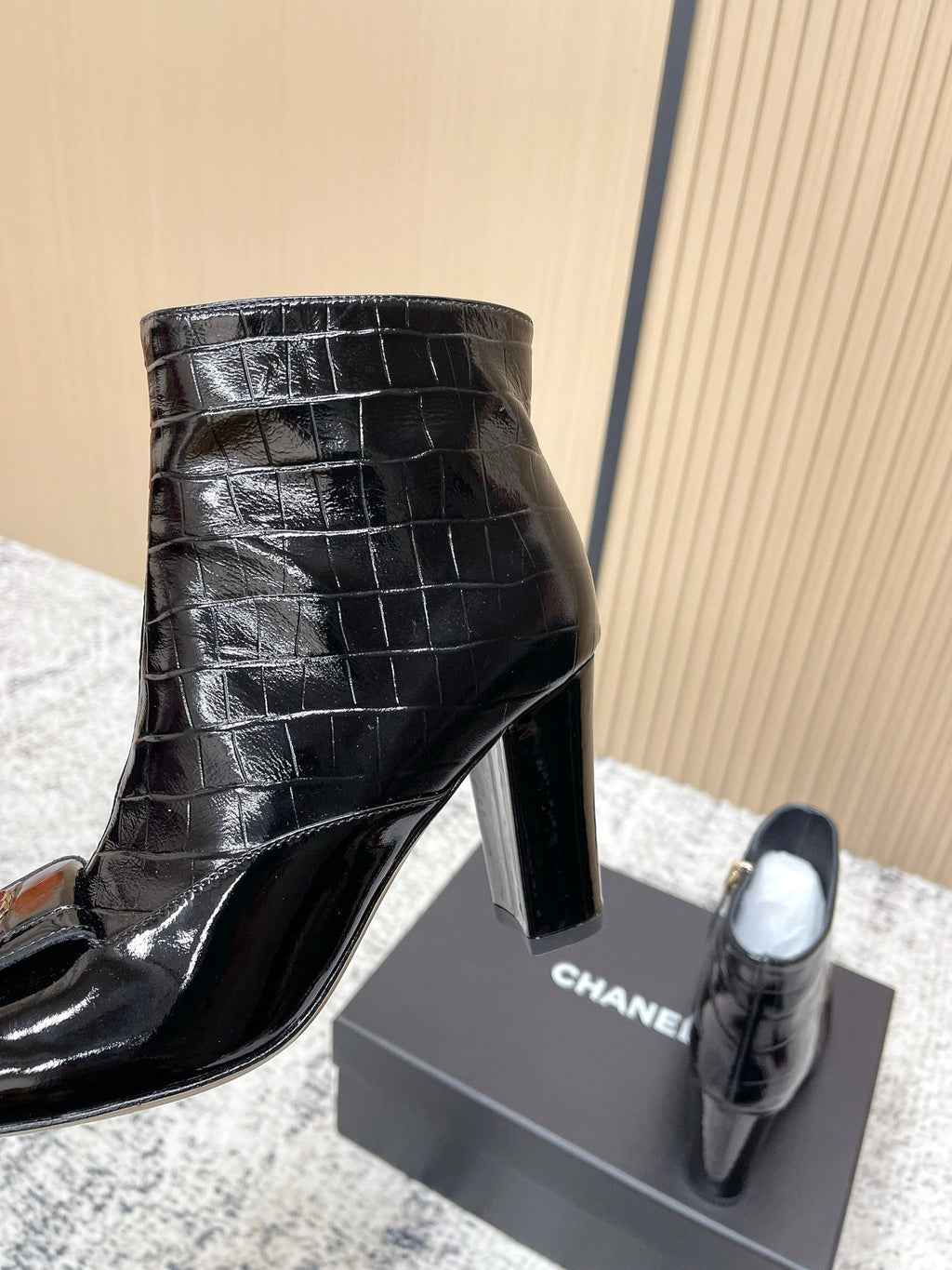 Chanel Croc-Embossed Square-Toe Black Ankle Boots in Cowhide 591400