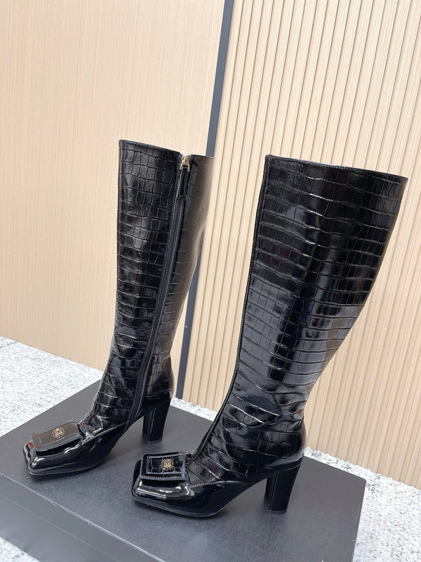 Chanel Croc-Embossed Square-Toe Black High Boots in Cowhide 591398