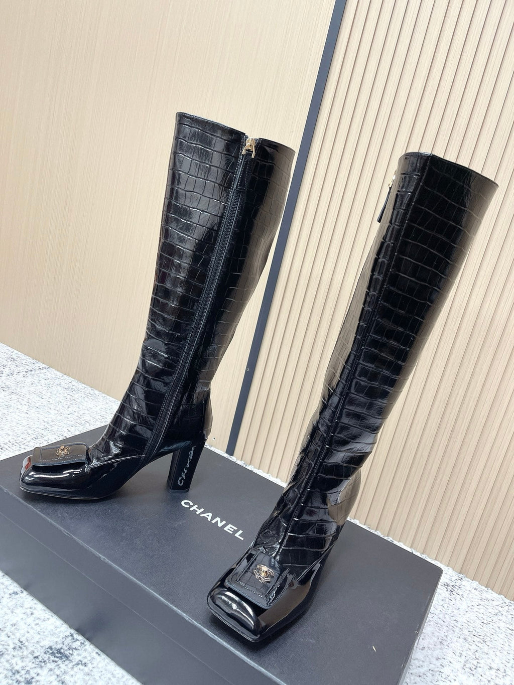 Chanel Croc-Embossed Square-Toe Black High Boots in Cowhide 591398
