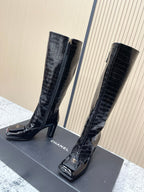 Chanel Croc-Embossed Square-Toe Black High Boots in Cowhide 591398