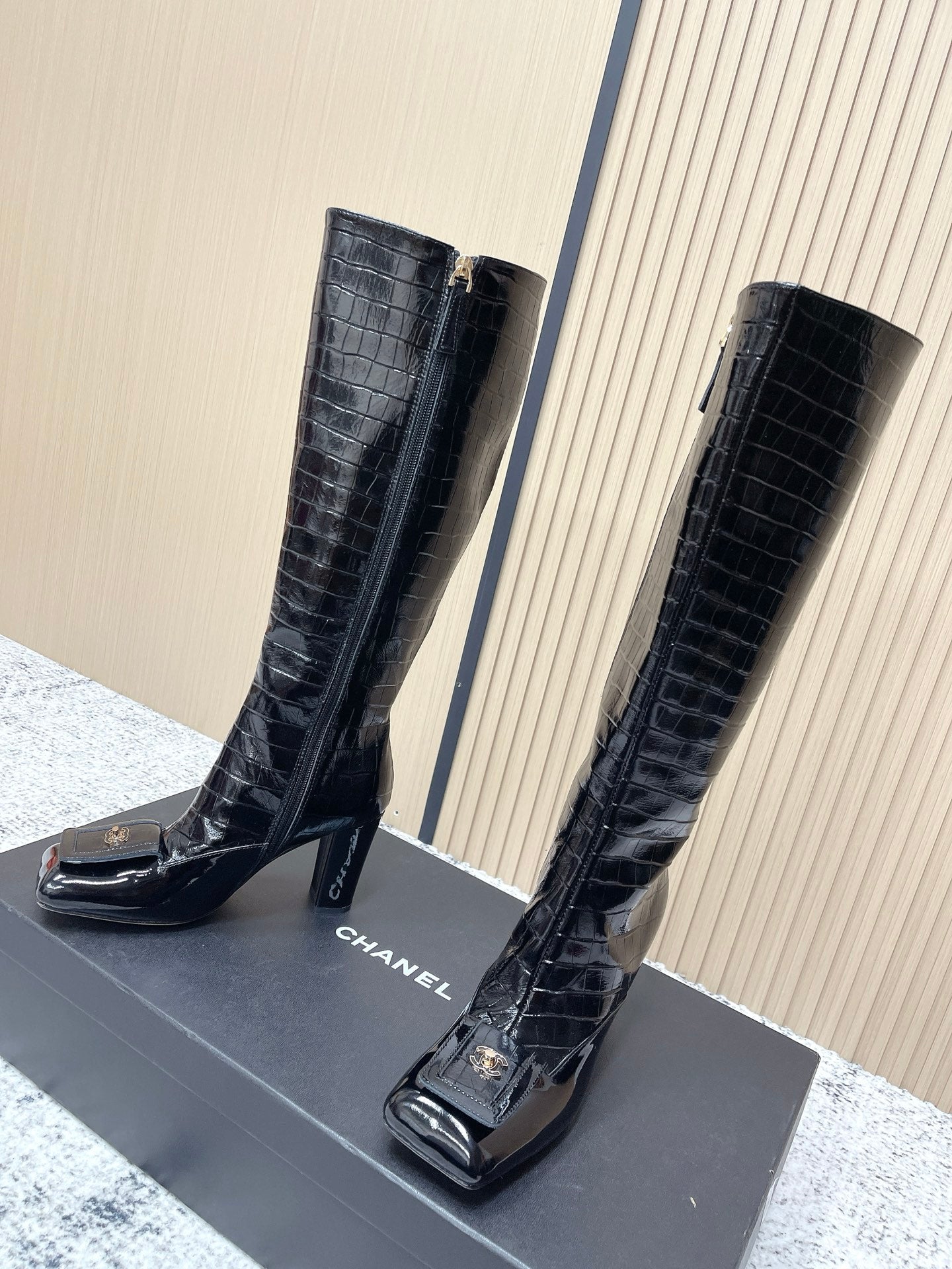 Chanel Croc-Embossed Square-Toe Black High Boots in Cowhide 591398
