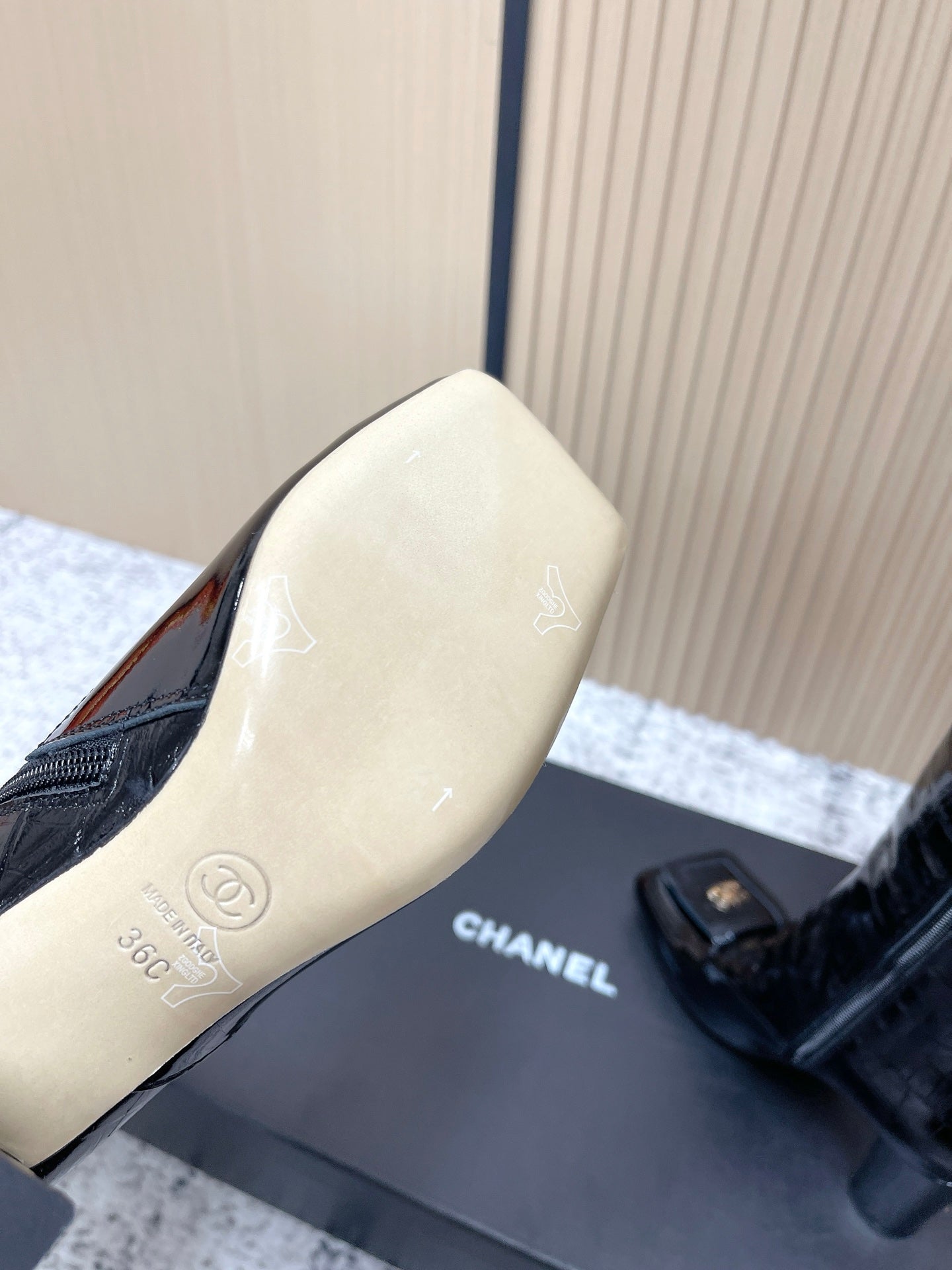 Chanel Croc-Embossed Square-Toe Black High Boots in Cowhide 591398