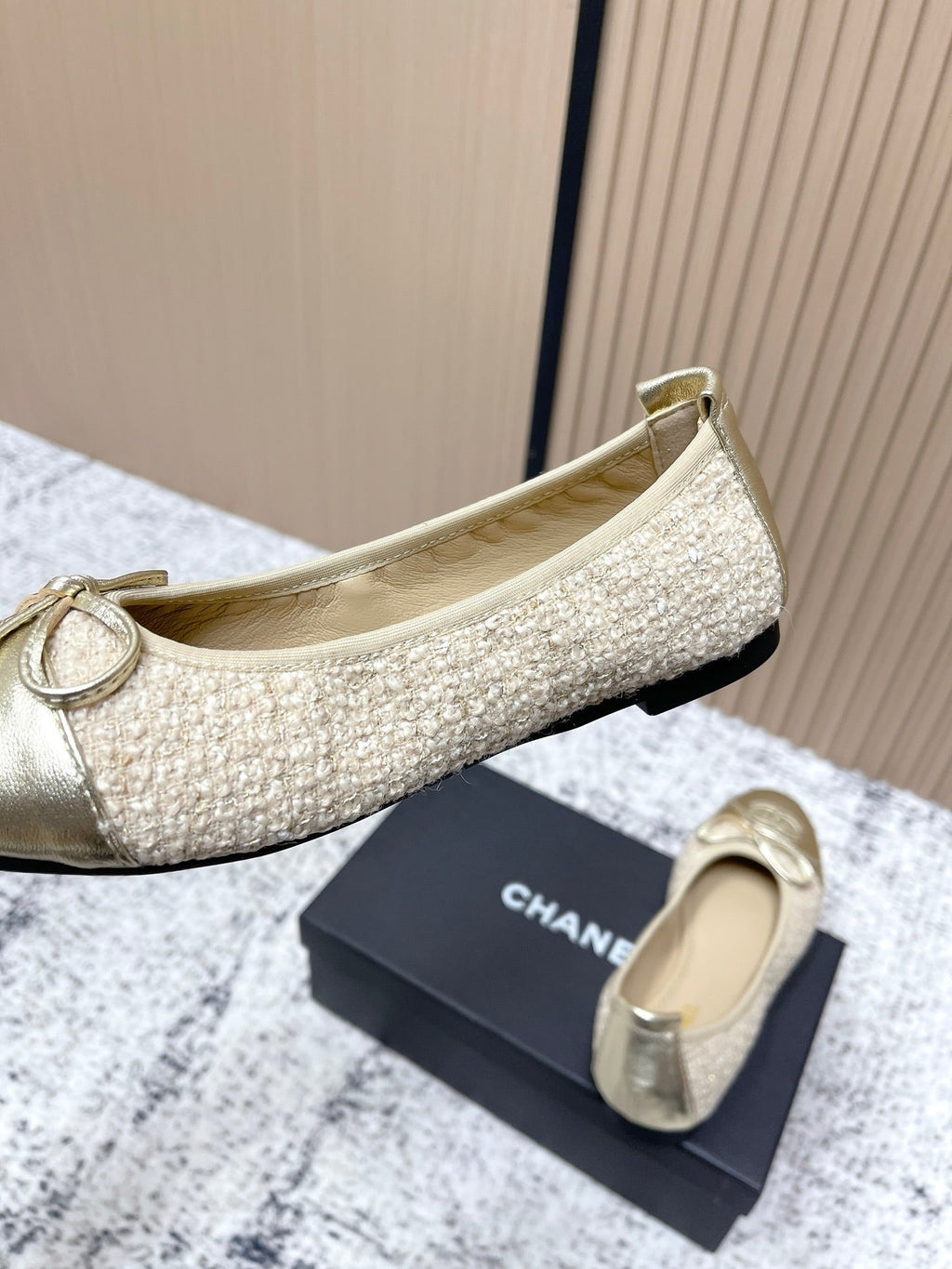 Chanel 26SS Ballet Flats Shoes Gold Metallic in Lambskin with Fabric 591396