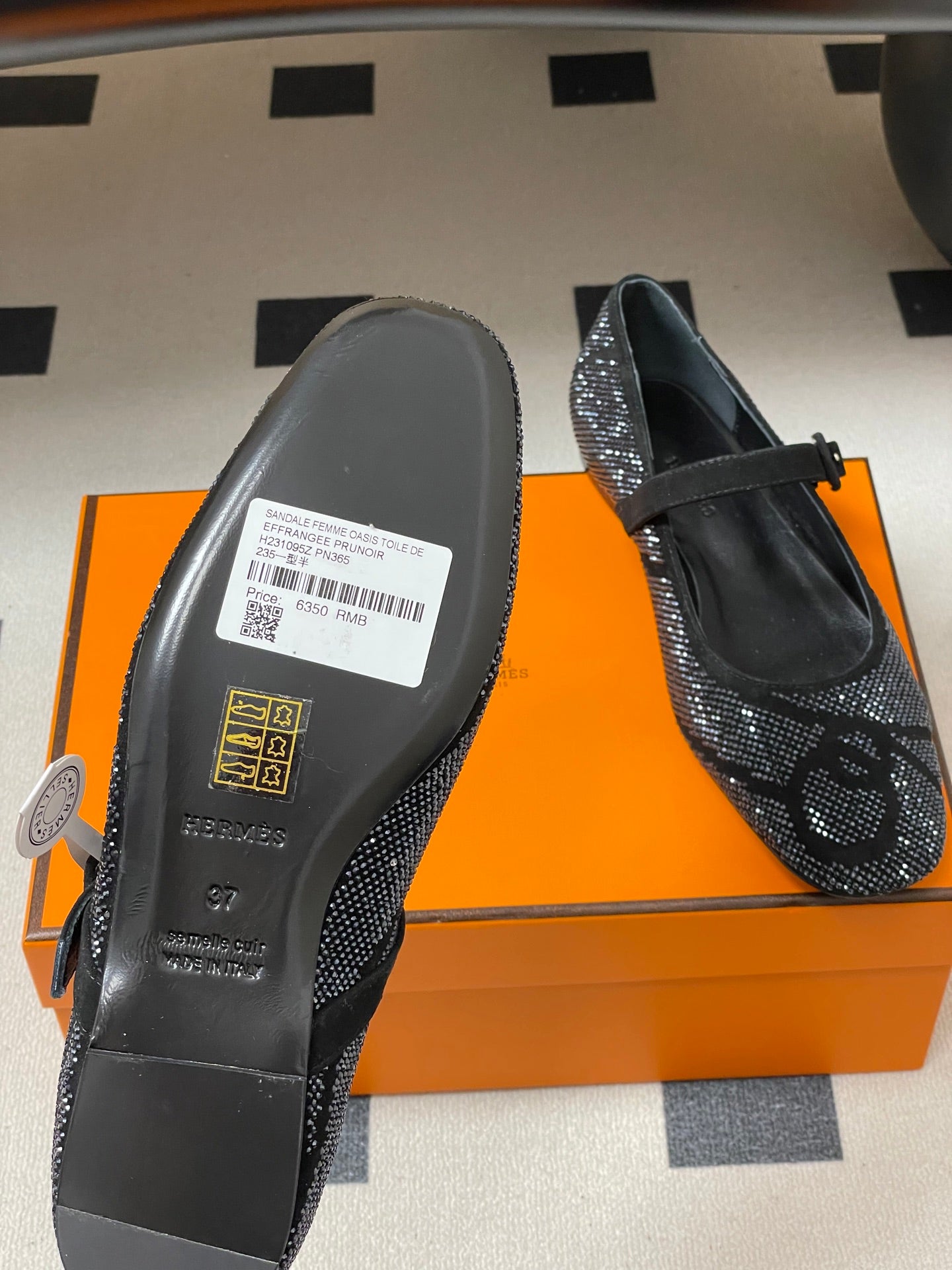 Hermes 26 Light Ballet Flat Metallic Black in Suede 594341