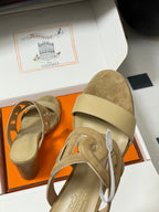HM Lipari 70 Chunky Heeled Sandal Series Brown Beige in Suede 594331