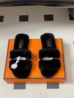 Hermes Giulia Kelly Buckle H-Slippers Black in Wool 594329