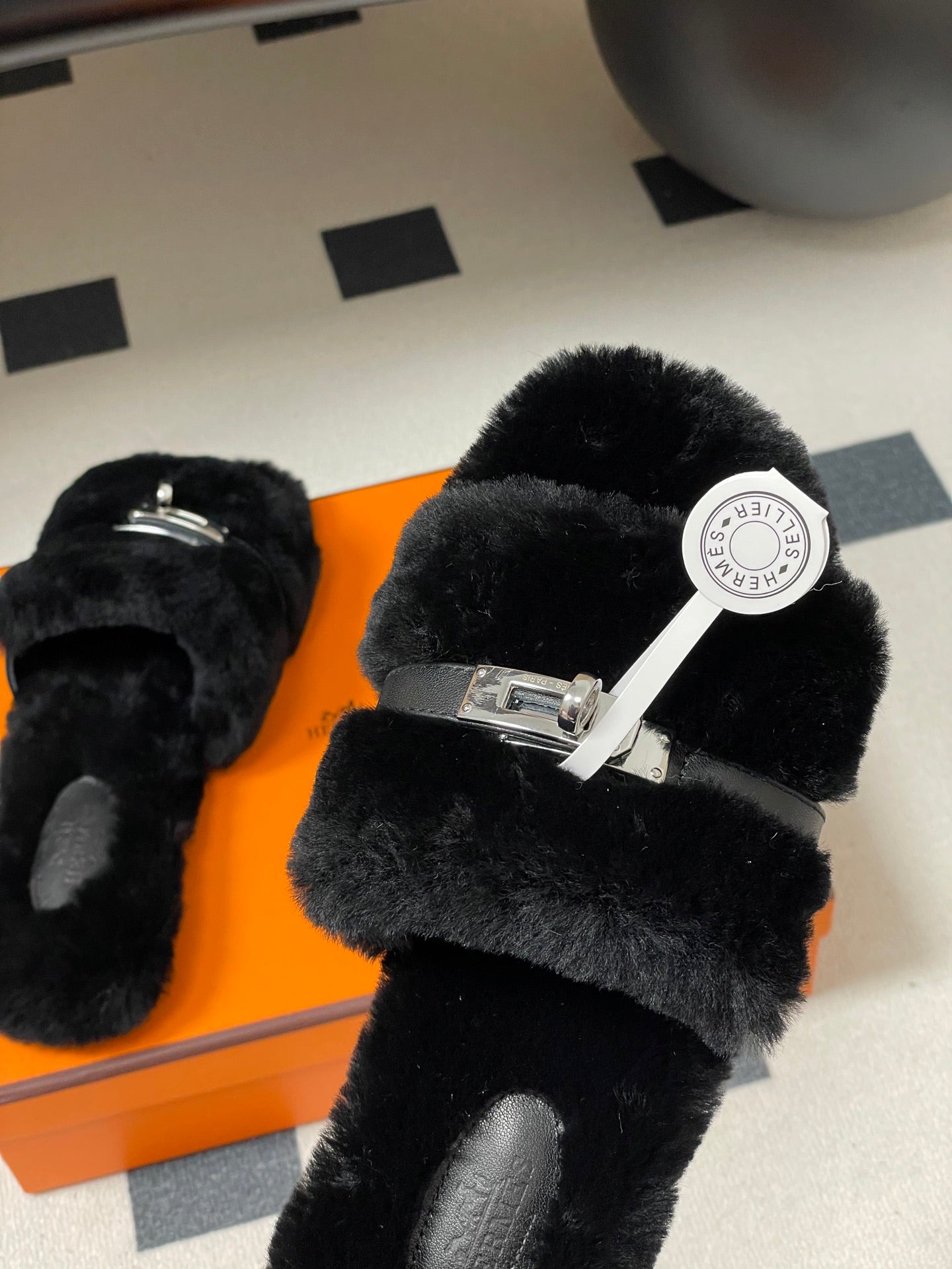 Hermes Giulia Kelly Buckle H-Slippers Black in Wool 594329