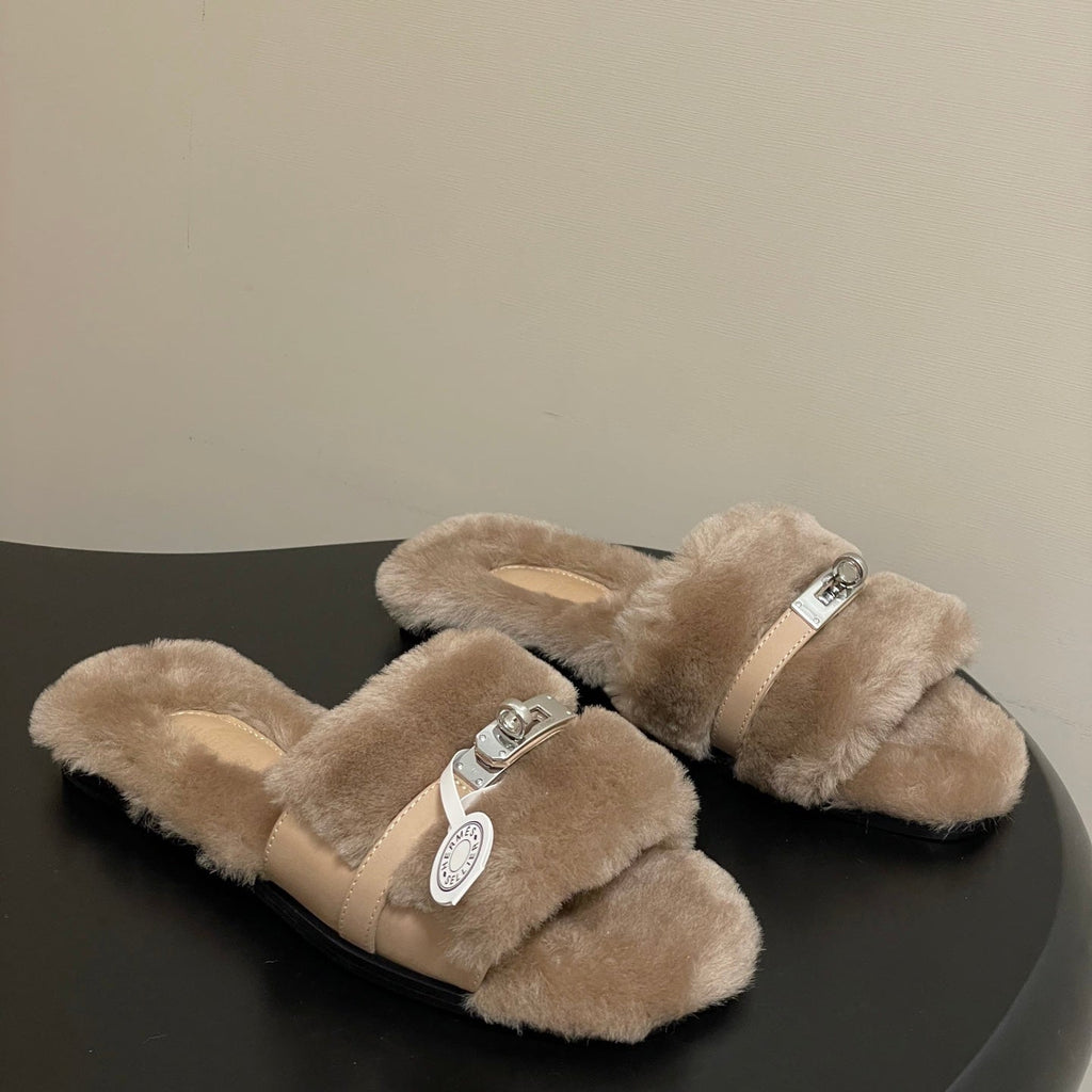 Hermes Giulia Kelly Buckle H-Slippers Beige in Wool 594327