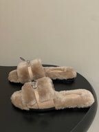 Hermes Giulia Kelly Buckle H-Slippers Beige in Wool 594327
