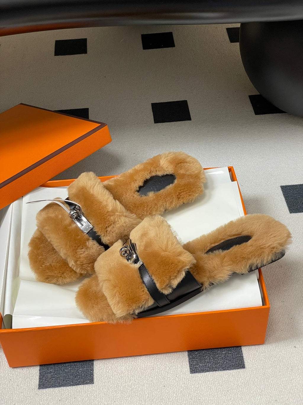 Hermes Giulia Kelly Buckle H-Slippers Brown in Wool 594325