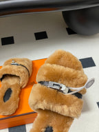 Hermes Giulia Kelly Buckle H-Slippers Brown in Wool 594325