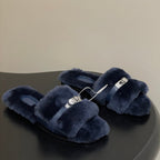 Hermes Giulia Kelly Buckle H-Slippers Navy Blue in Wool 594324