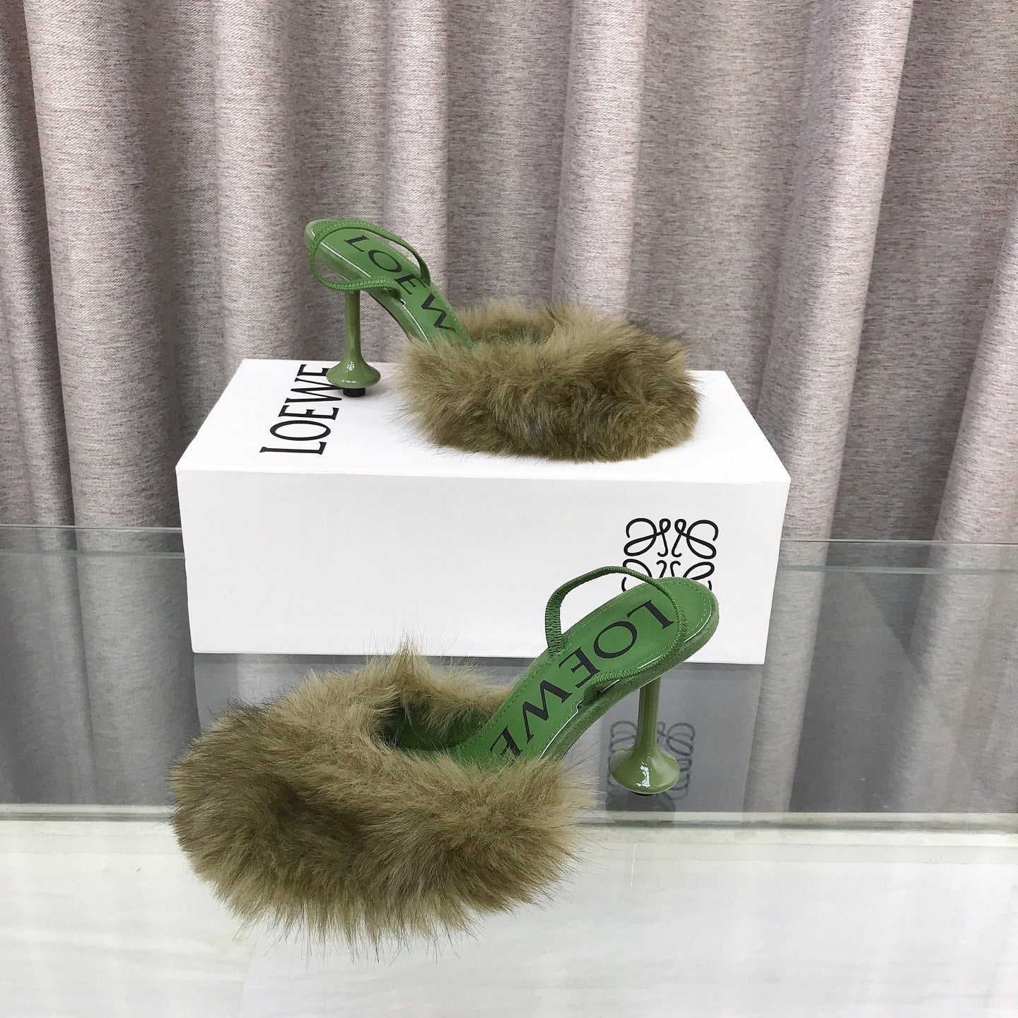 Loewe 25SS Fur-lined Mule 100 Green in Fox Fur 597443