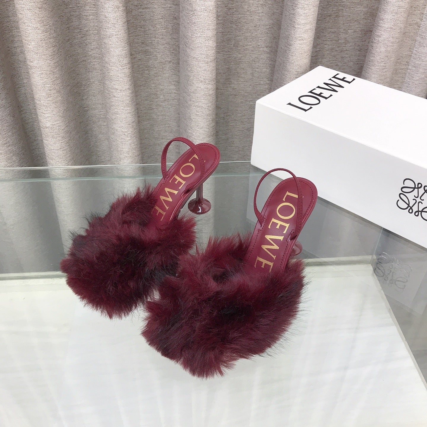 Loewe 25SS Fur-lined Mule 100 Burgundy in Fox Fur 597441