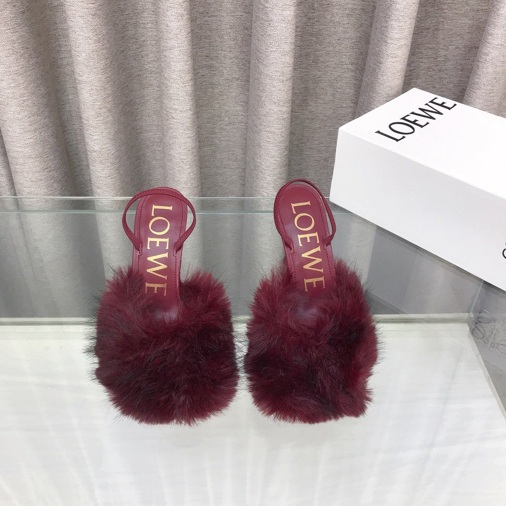 Loewe 25SS Fur-lined Mule 100 Burgundy in Fox Fur 597441